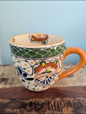 Hand-Painted Mexican Floral Ceramic Mug in Orange and Green